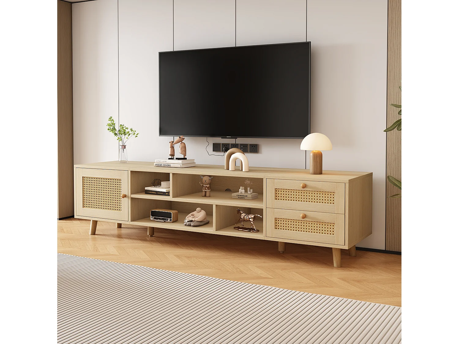 URBAN MEUBLE Meuble TV effet bois et rotin avec 2 tiroirs 1 porte et niches de rangement