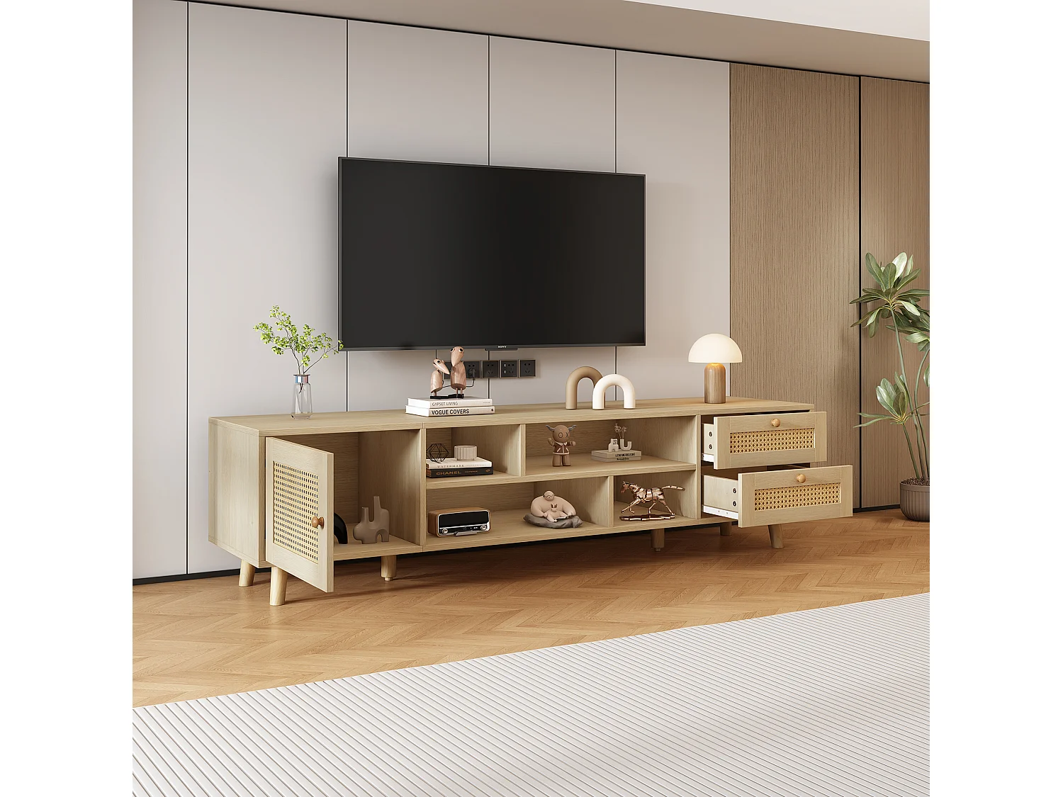 URBAN MEUBLE Meuble TV effet bois et rotin avec 2 tiroirs 1 porte et niches de rangement