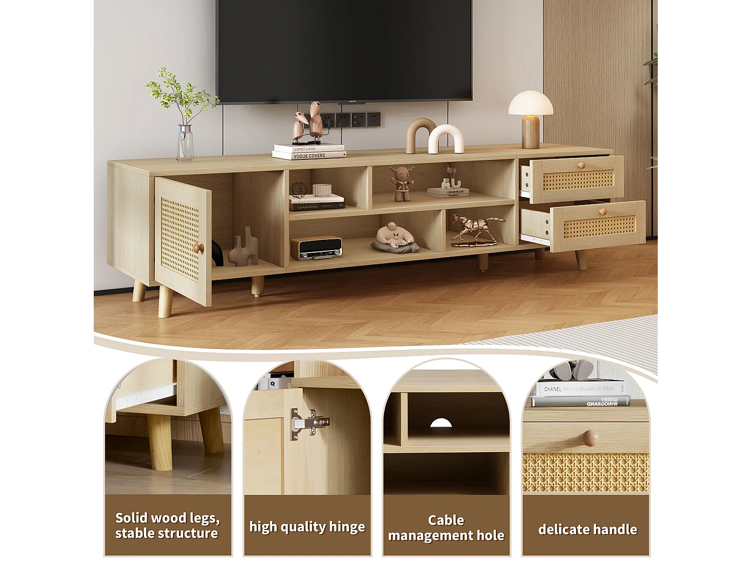 URBAN MEUBLE Meuble TV effet bois et rotin avec 2 tiroirs 1 porte et niches de rangement