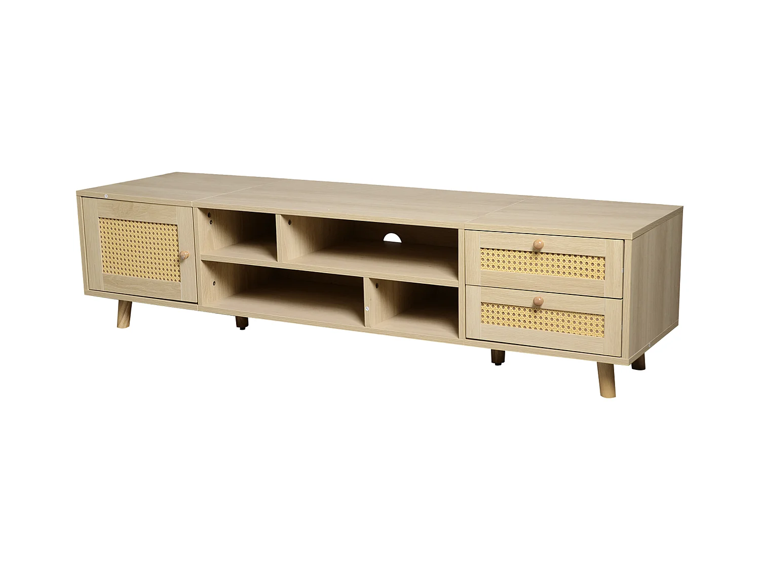 Meuble TV effet bois et rotin avec 2 tiroirs 1 porte et niches de rangement ANIL