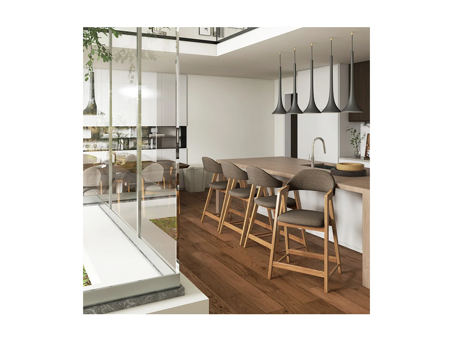 CAMILLE-Silla de bar, tela marrón y fresno natural (x2)