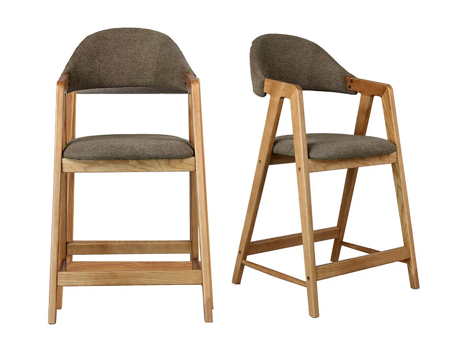 CAMILLE-Chaise de bar en Frêne naturel et tissu Trendy Taupe (x2)