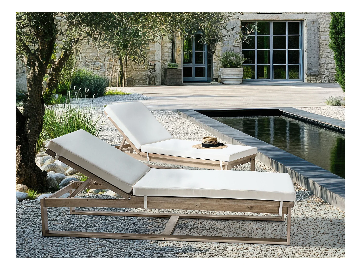 Zestaw 2 leżaków ogrodowych z poduszkami AZZANELLO Drewno akacjowe Złamana biel