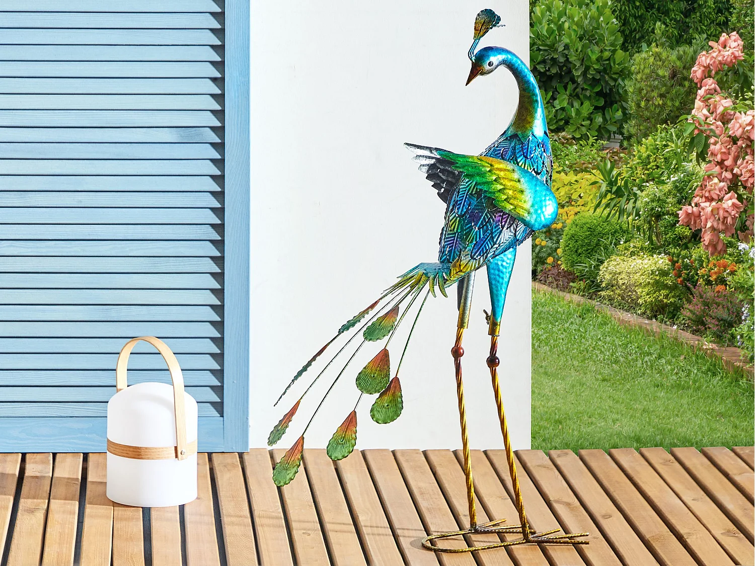 Gartenfigur Pfau Metall blau 75 cm Dekofigur Indoor Outdoor Peacock