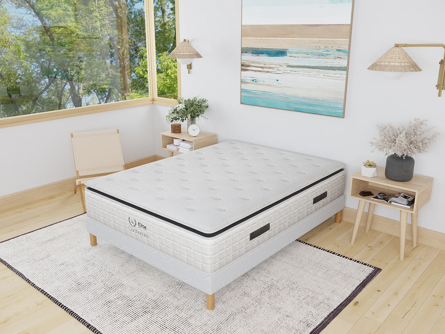 Ensemble Sommier + Matelas Cachemire 200x200 cm Ressorts Ensachés Hauteur 28 cm