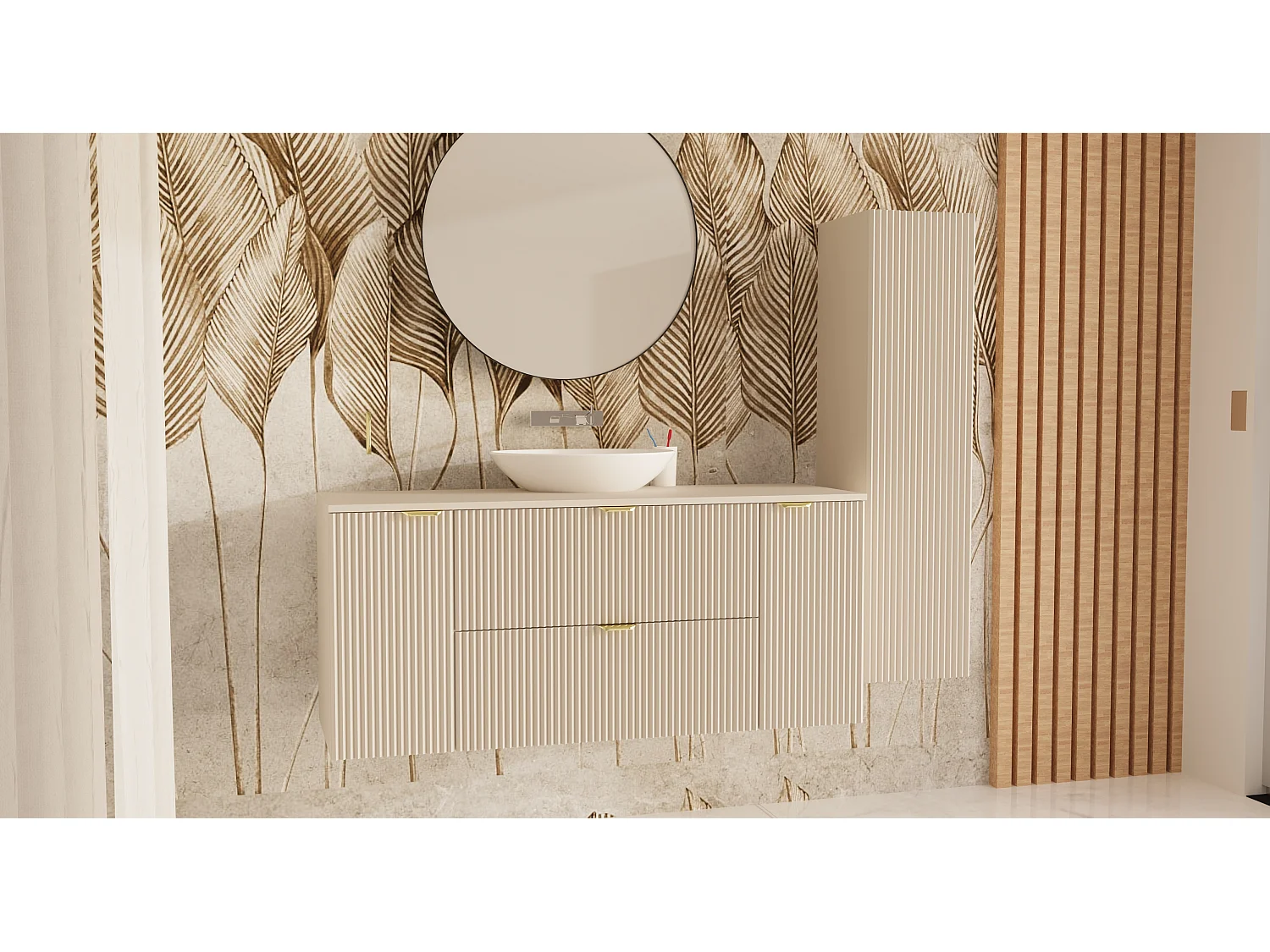 Meuble lavabo WENA, avec 2 portes et 2 tiroirs, façades cannelées, Willy, 140x60x47 cm, Cachemire