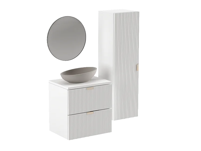 Meuble lavabo WENA, façades cannelées, Willy, 60x60x47 cm, Blanc