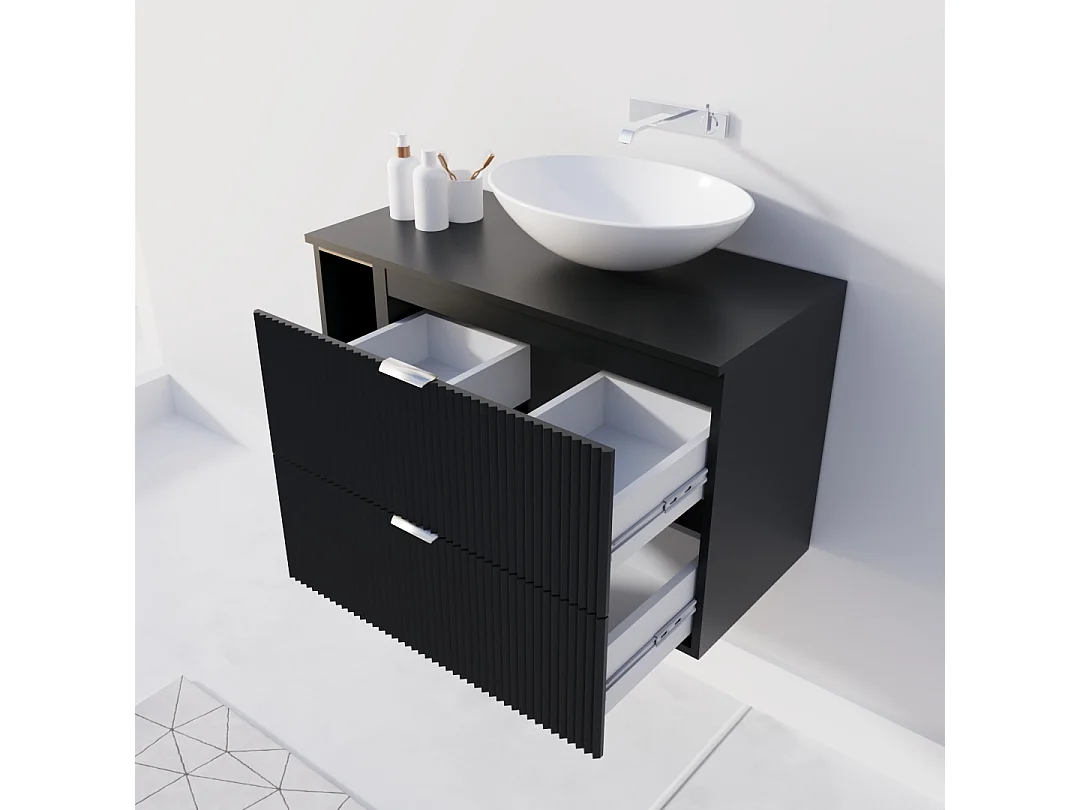 Meuble lavabo WENA, avec étagère, façades cannelées, Willy, 100x60x47 cm, Noir