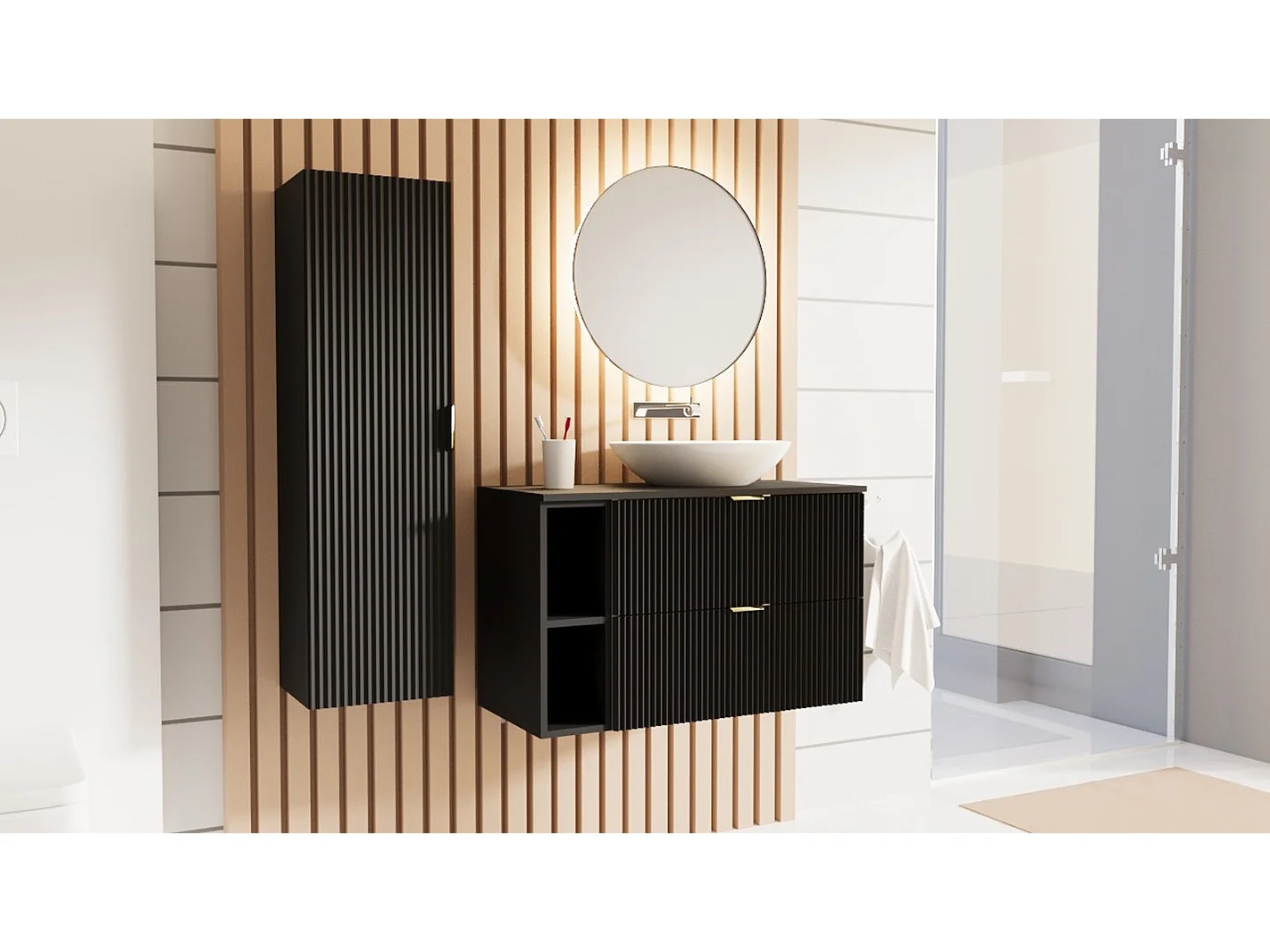 Meuble lavabo WENA, avec étagère, façades cannelées, Willy, 100x60x47 cm, Noir