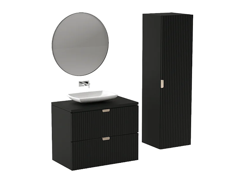 Meuble lavabo WENA, façades cannelées, Willy, 80x60x47 cm, Noir