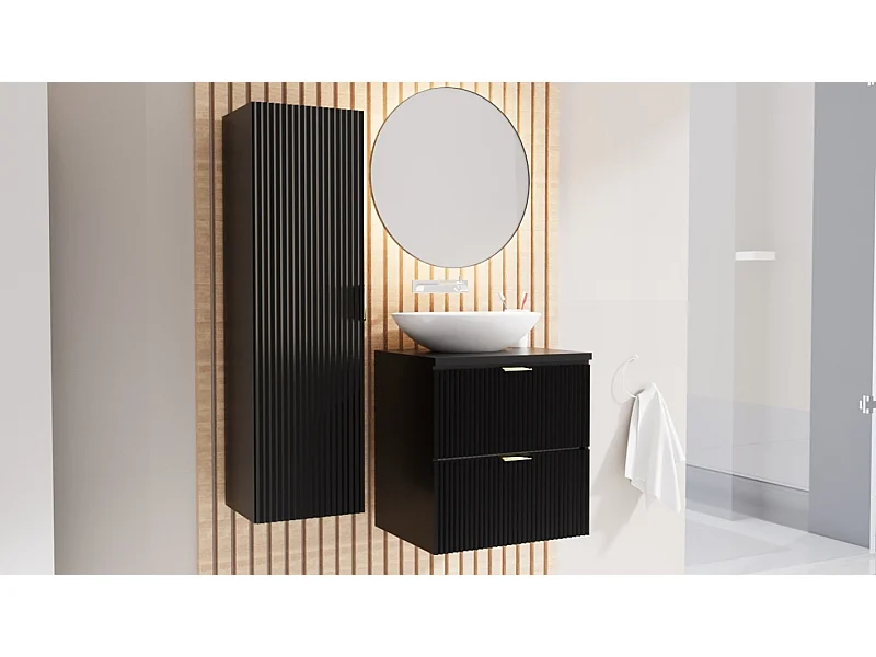 Meuble lavabo WENA, façades cannelées, Willy, 80x60x47 cm, Noir