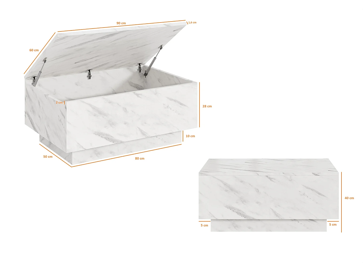 PROROOM FURNITURE - Couchtisch Weiß Marmoroptik - Moon - Sofatisch 90x60 cm - Kaffeetisch mit Stauraum - Kleiner Tisch für Wohnzimmer - Modern Coffee Table