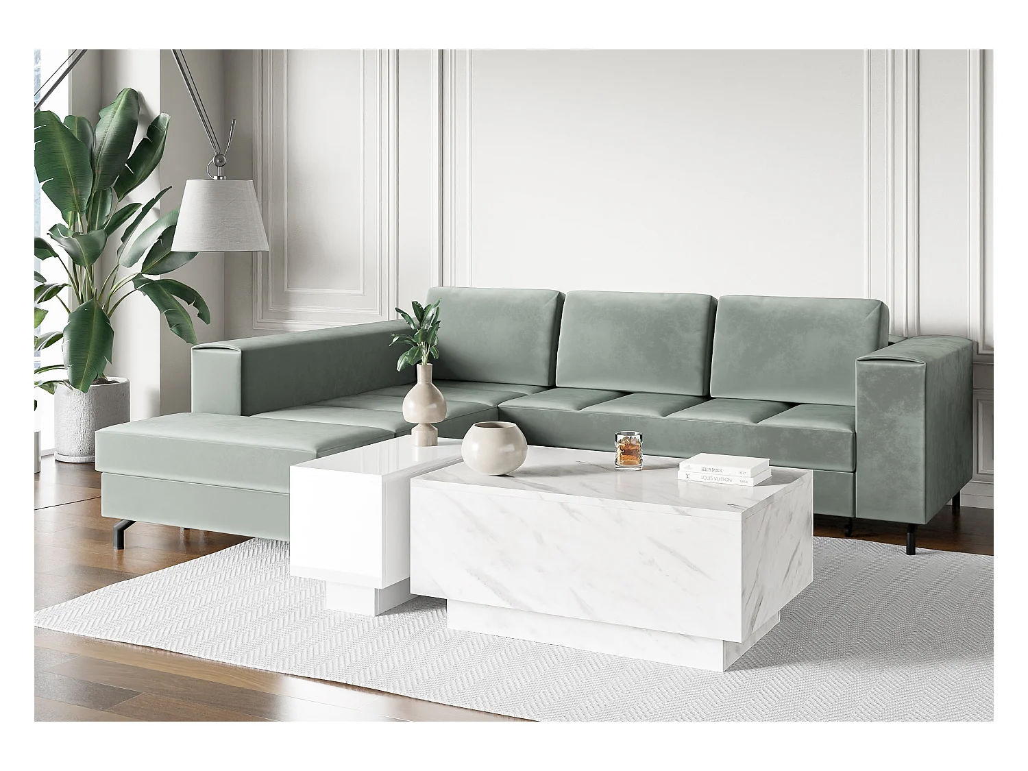 PROROOM FURNITURE - Couchtisch Weiß Marmoroptik - Moon - Sofatisch 90x60 cm - Kaffeetisch mit Stauraum - Kleiner Tisch für Wohnzimmer - Modern Coffee Table