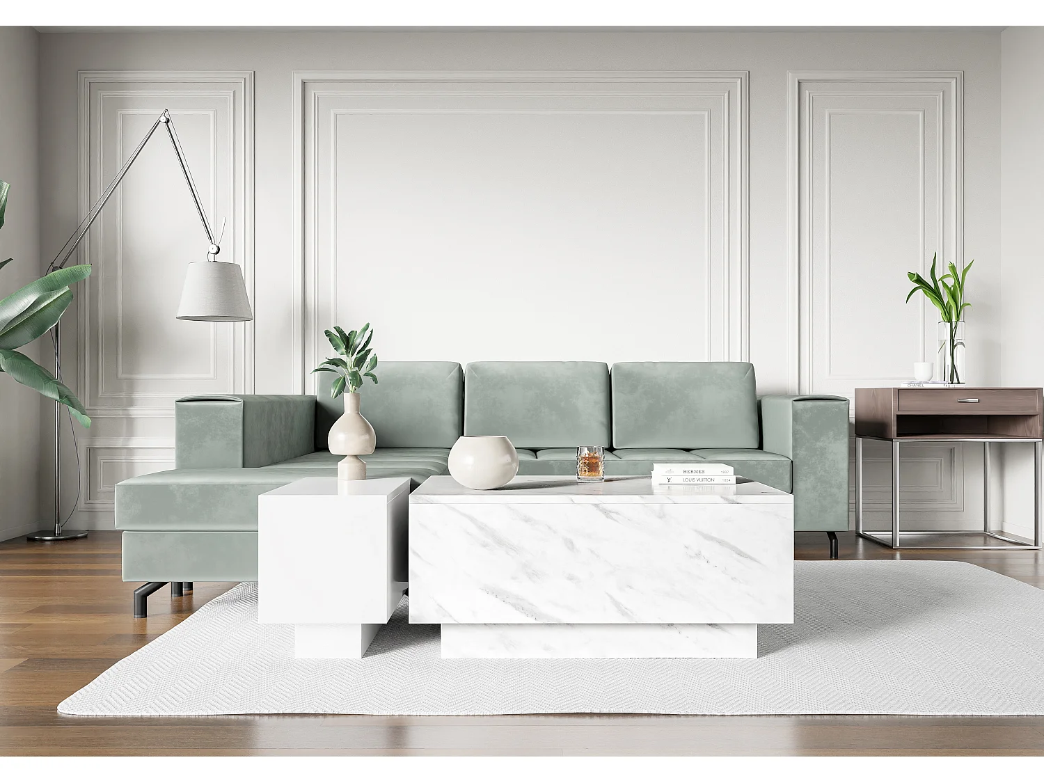 PROROOM FURNITURE - Couchtisch Weiß Marmoroptik - Moon - Sofatisch 90x60 cm - Kaffeetisch mit Stauraum - Kleiner Tisch für Wohnzimmer - Modern Coffee Table