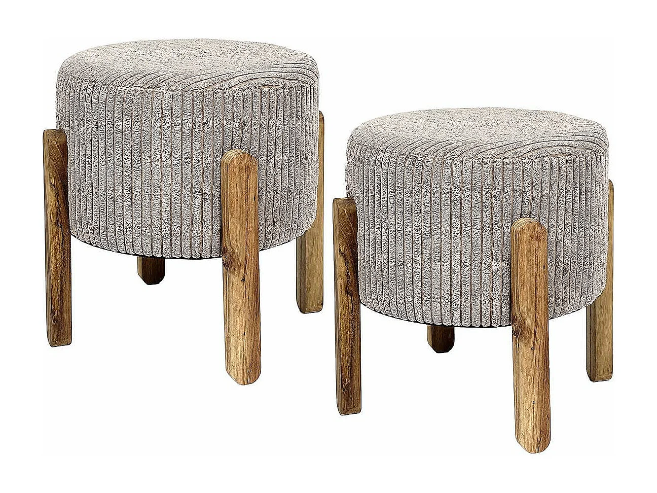AMORY - Lot de 2 Tabourets en velours côtelé coloris taupe pieds en acacia