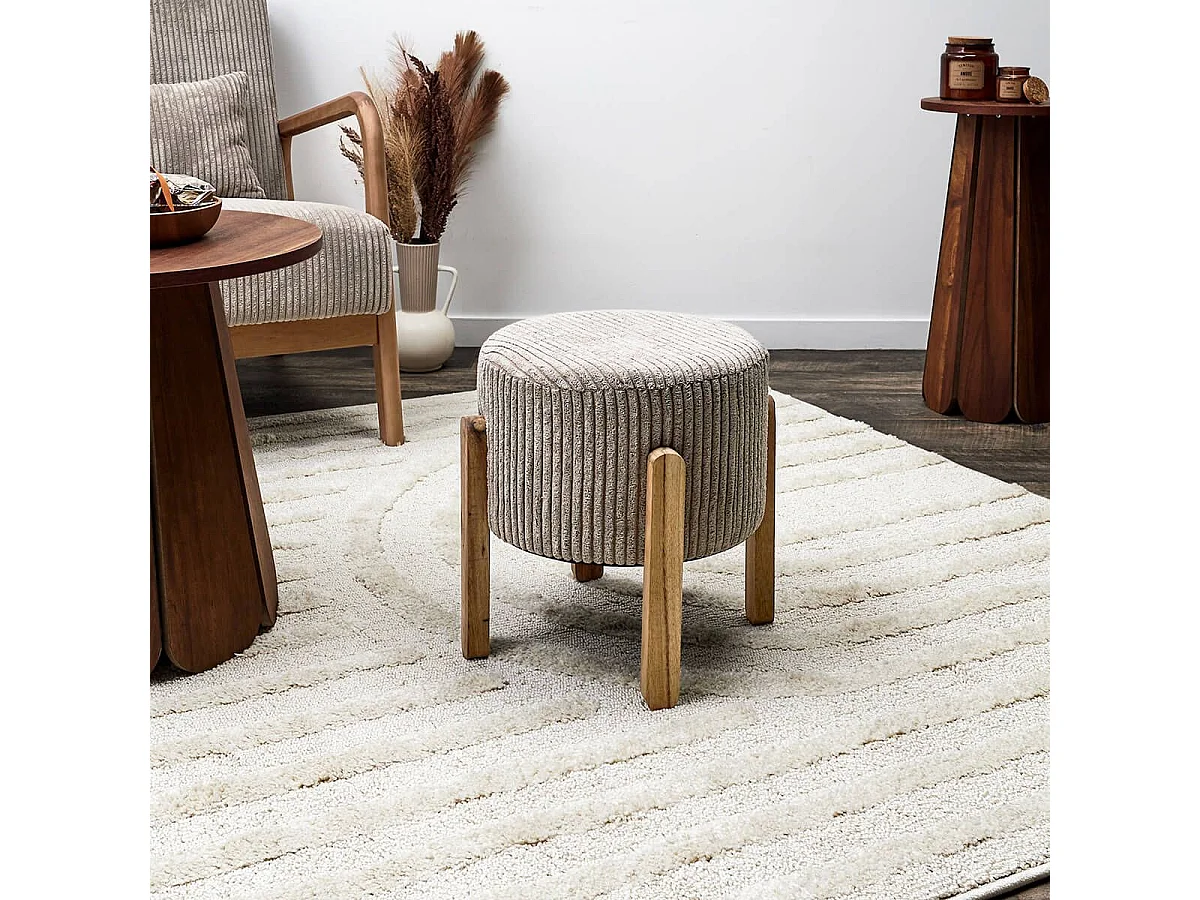 AMORY - Lot de 2 Tabourets en velours côtelé coloris taupe pieds en acacia