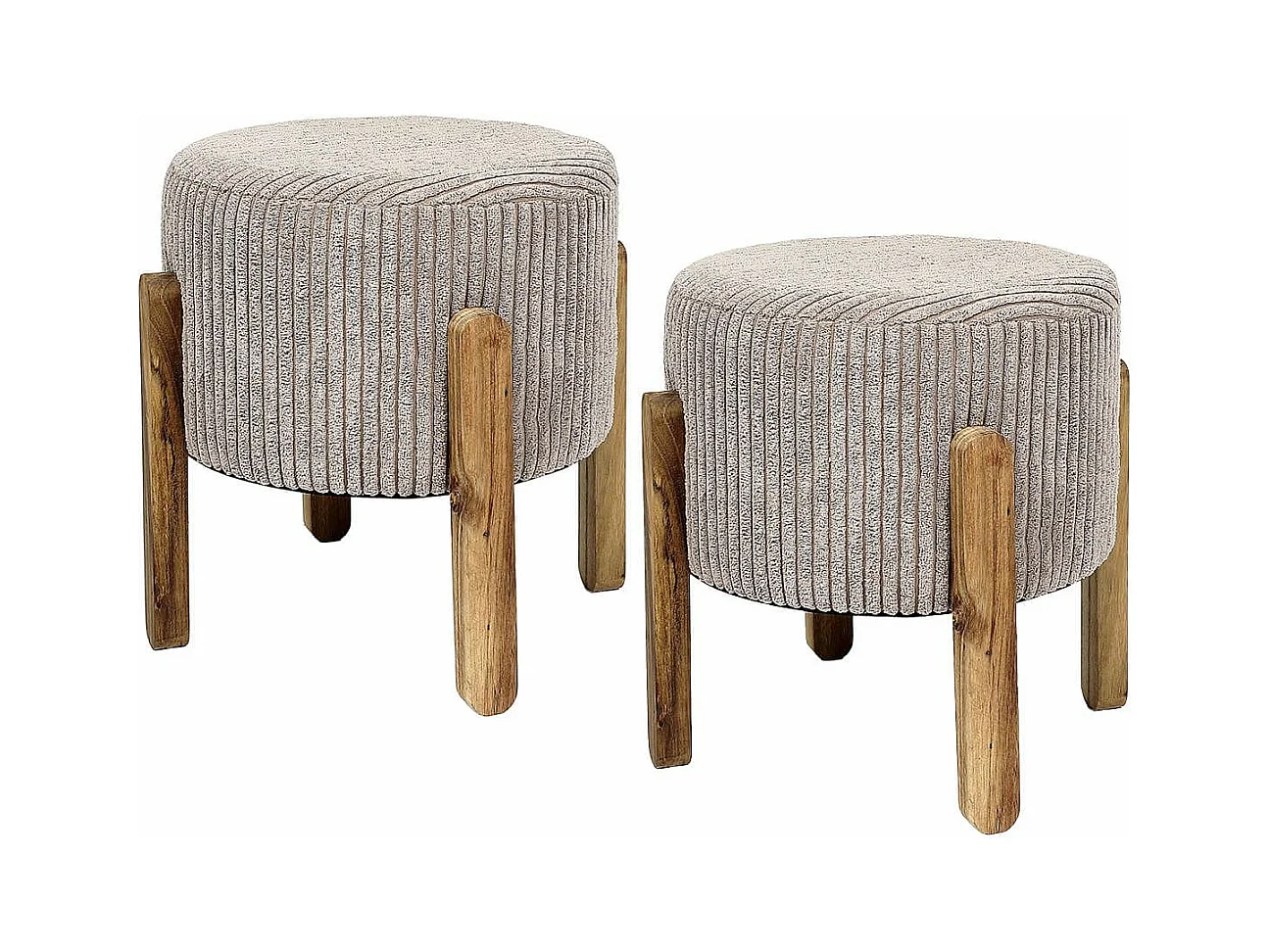 AMORY - Lot de 2 Tabourets en velours côtelé coloris taupe pieds en acacia