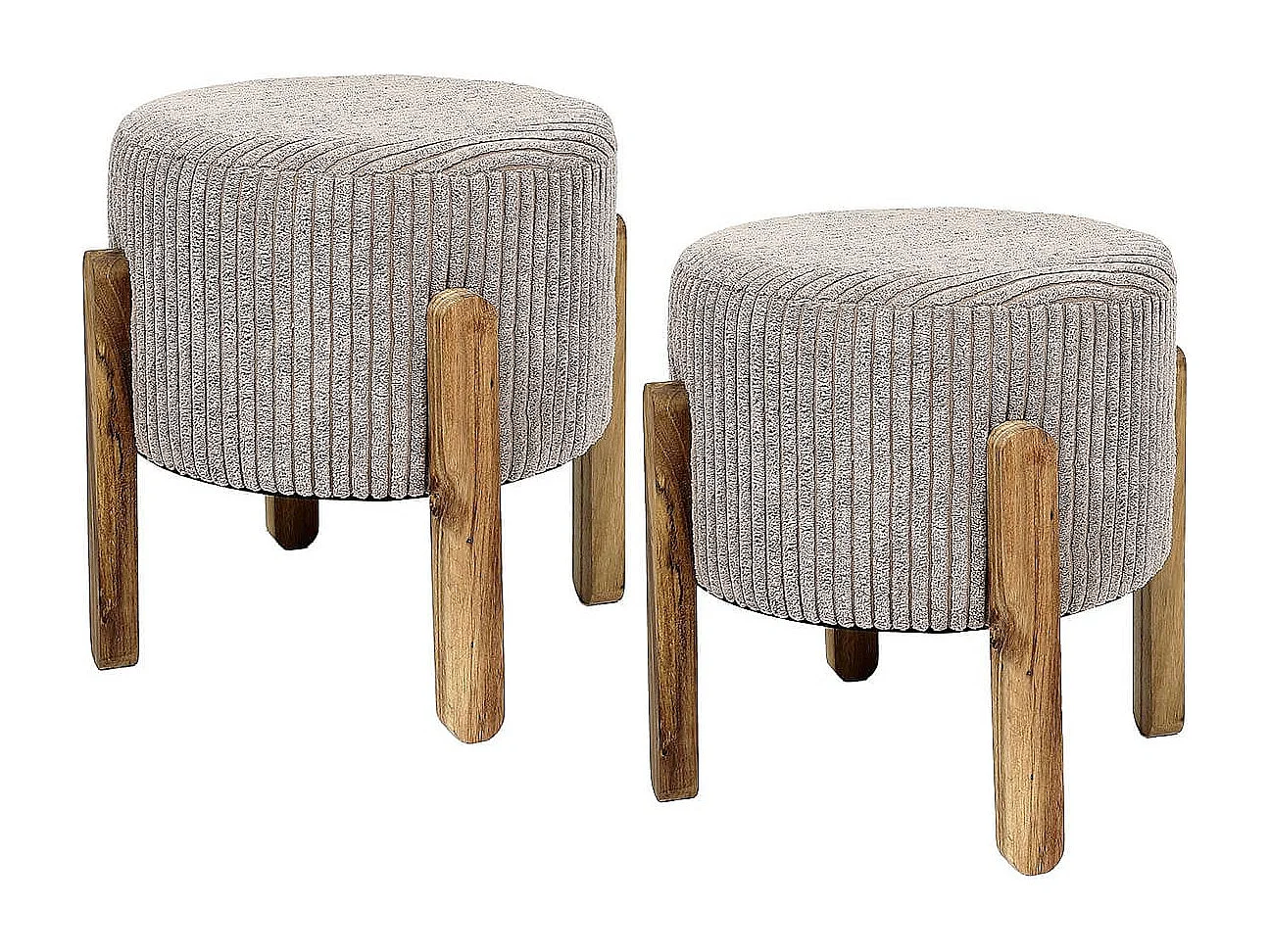 AMORY - Lot de 2 Tabourets en velours côtelé coloris taupe pieds en acacia