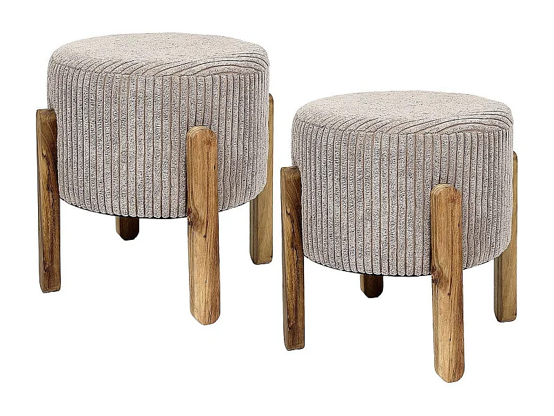 AMORY - Lot de 2 Tabourets en velours côtelé coloris taupe pieds en acacia