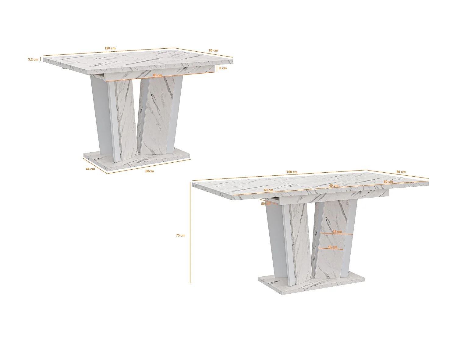 PROROOM FURNITURE - Dora 2 - Esstisch Ausziehbar auf 160 cm - 120x80x75 cm - Esszimmertisch - Tisch für Esszimmer, Wohnzimmer - Ausziehtisch - Bianco Marmor Weiß