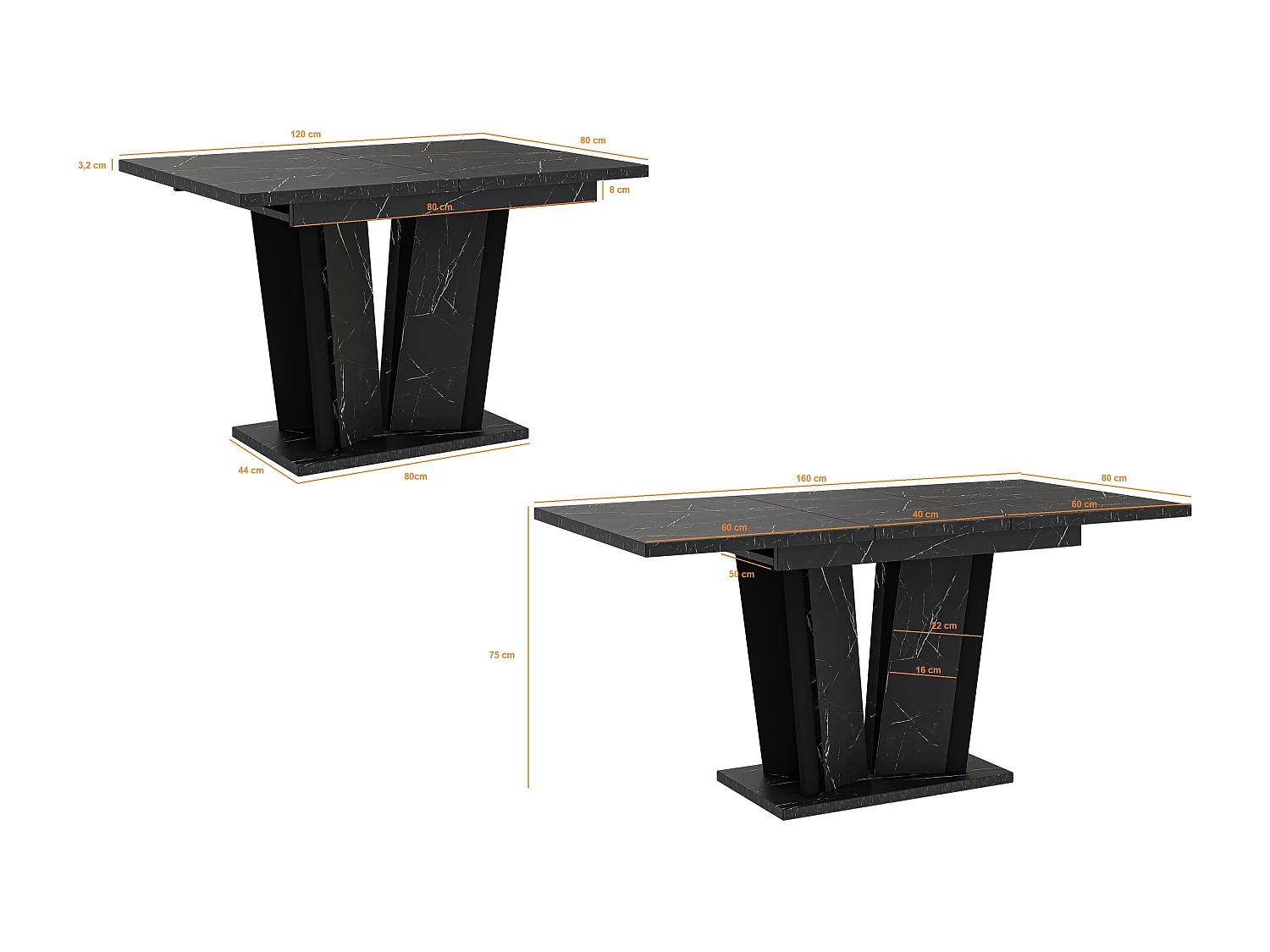 PROROOM FURNITURE - Dora 2 - Esstisch Ausziehbar auf 160 cm- 120x80x75 cm- Esszimmertisch- Tisch für Esszimmer, Wohnzimmer- Ausziehtisch- Weiß Hochglanz Betonoptik