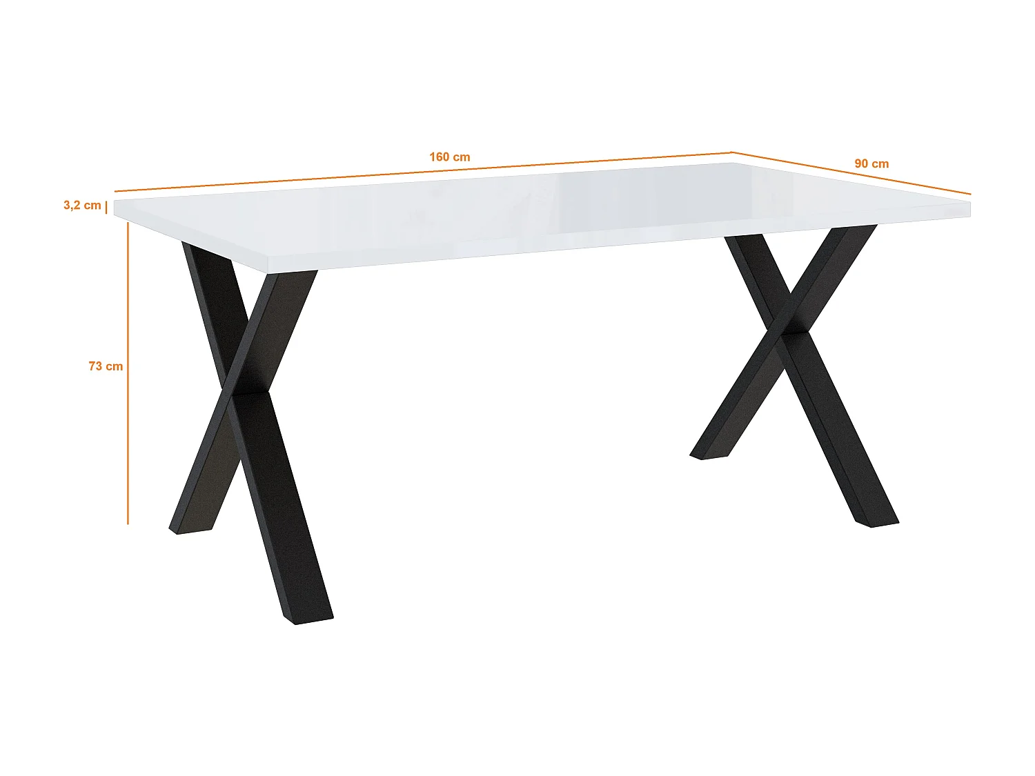 PROROOM FURNITURE - Brooky Table - Esstisch - Rechteckig - 160x90x75 cm - mit Schwarzen Metallbeinen in X-Form - für Esszimmer, Wohnzimmer, Salon - Schwarz Glanz