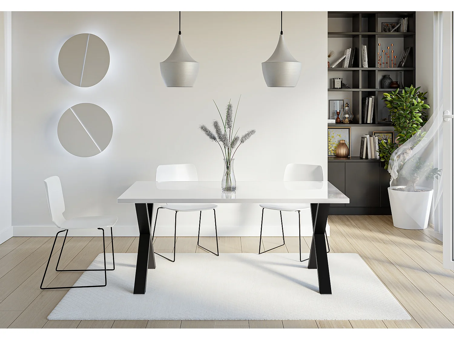 PROROOM FURNITURE - Brooky Table - Esstisch - Rechteckig - 160x90x75 cm - mit Schwarzen Metallbeinen in X-Form - für Esszimmer, Wohnzimmer, Salon - Weiß Glanz