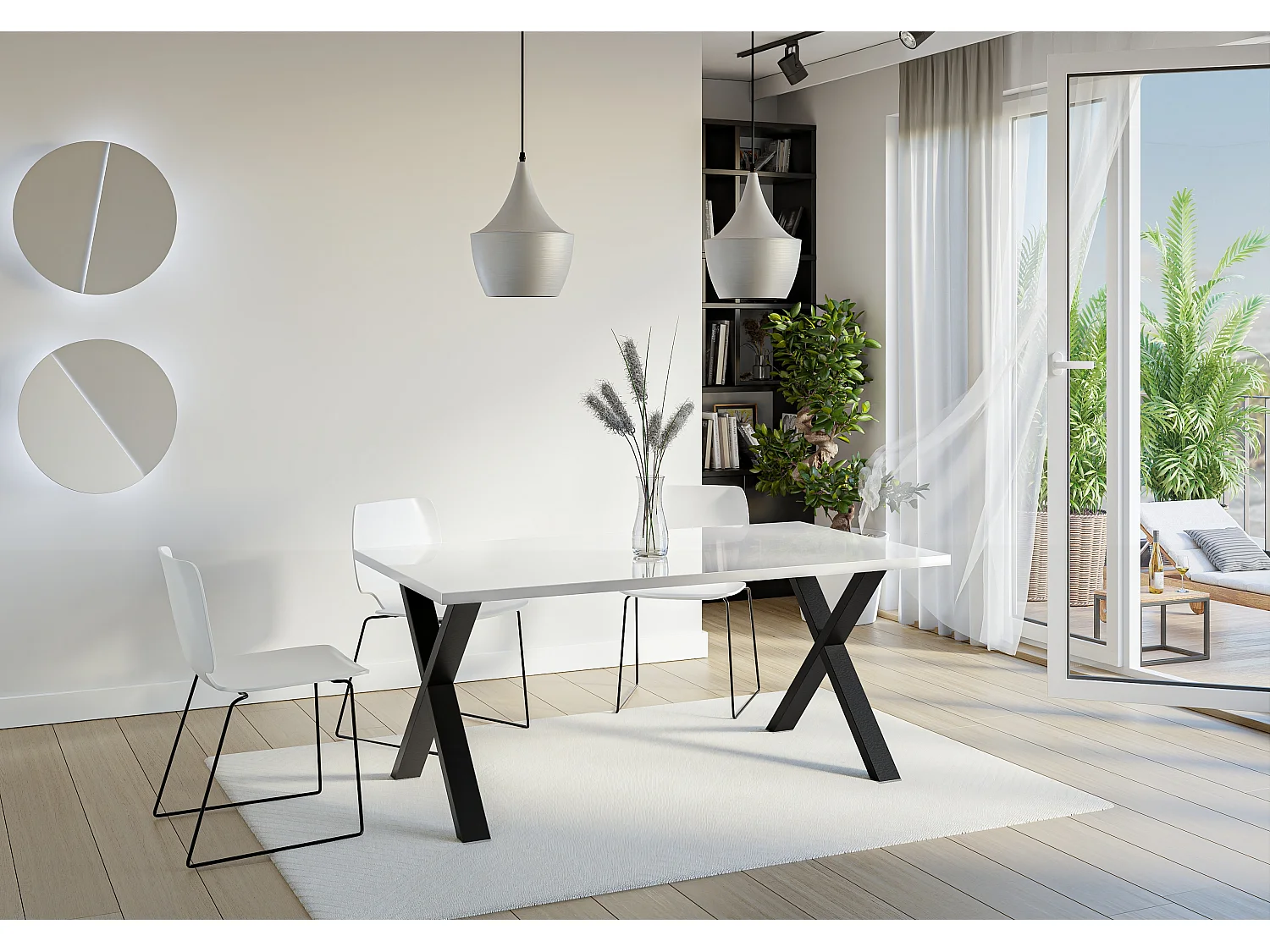 PROROOM FURNITURE - Brooky Table - Esstisch - Rechteckig - 160x90x75 cm - mit Schwarzen Metallbeinen in X-Form - für Esszimmer, Wohnzimmer, Salon - Weiß Glanz