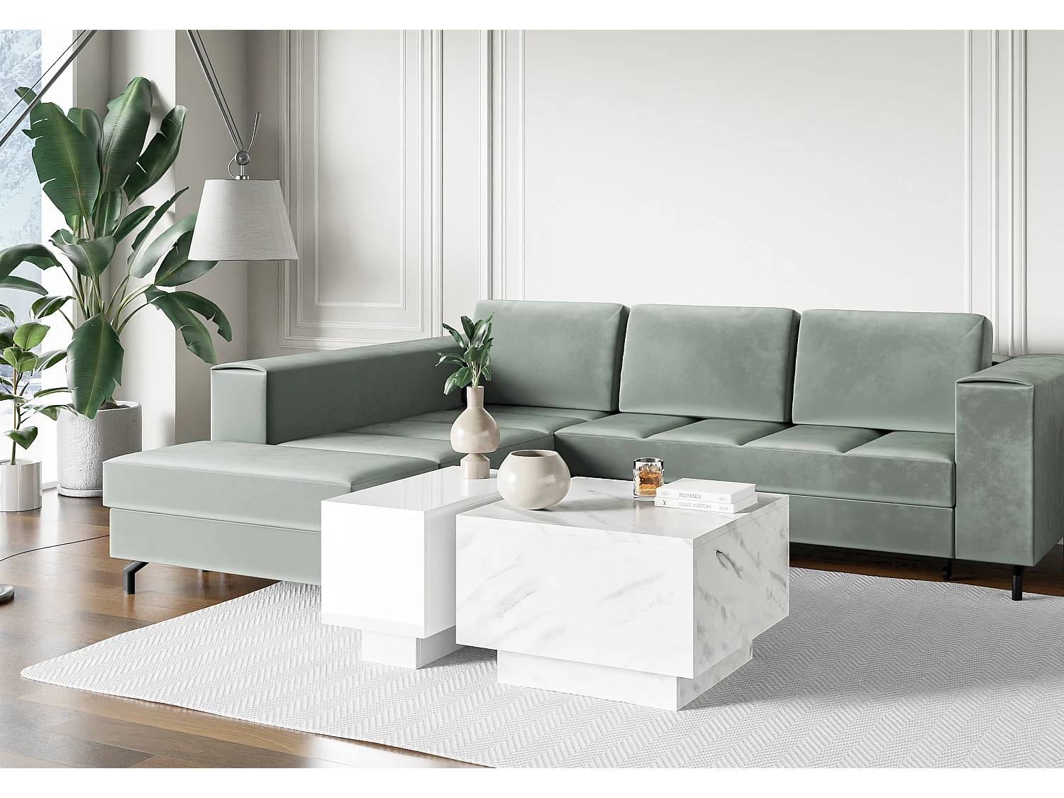 PROROOM FURNITURE - Couchtisch - Moon - Sofatisch 30x60 cm - Kaffeetisch mit Stauraum - Kleiner Tisch für Wohnzimmer - Modern Coffee Table (Weiß Hochglanz)