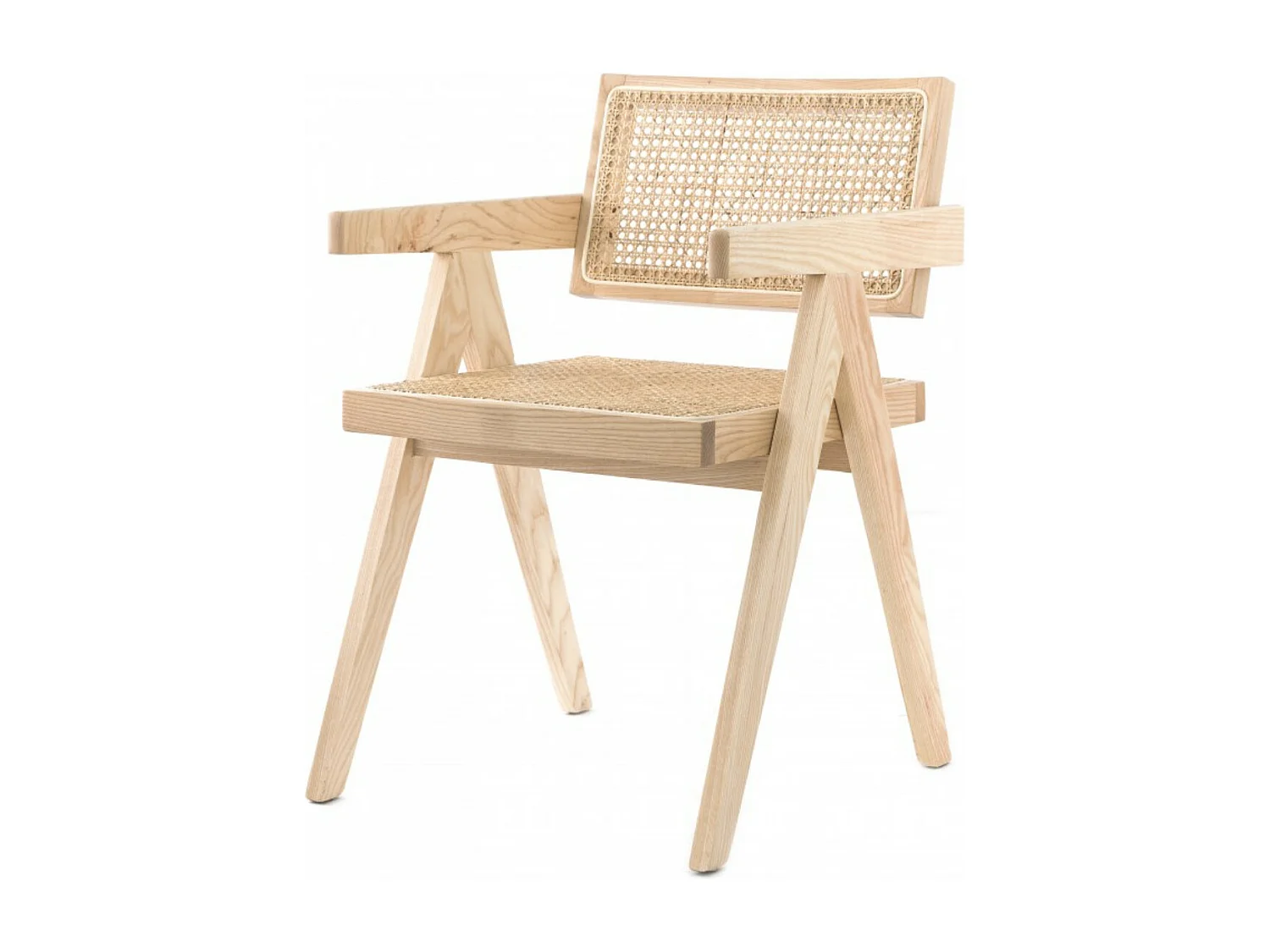 Chaise en bois de Frêne et rotin Landas - Style vintage avec accoudoirs-Couleur Naturel