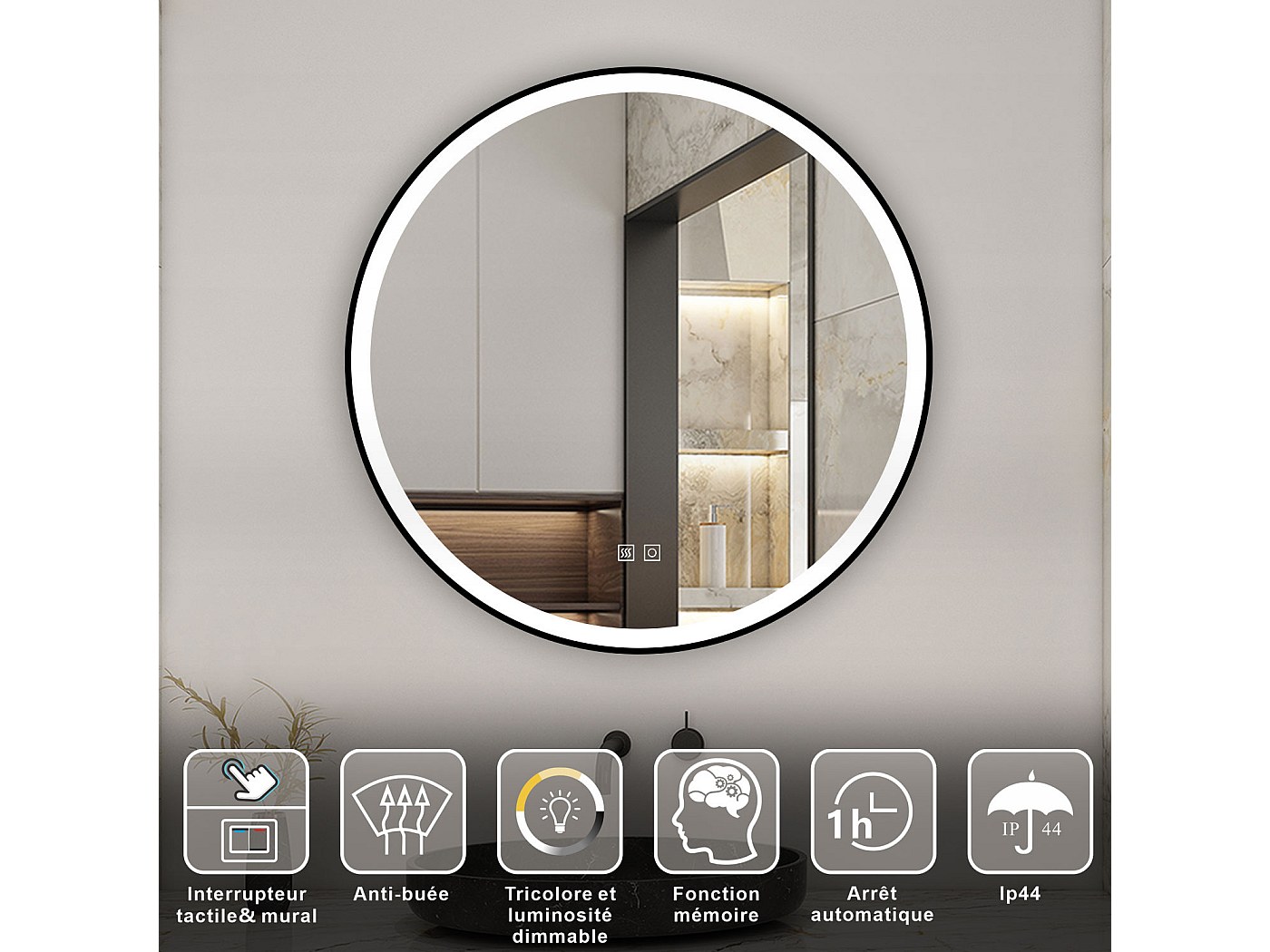 AICA LED Miroir Lumineux 50cm 3 Couleurs Tactile + Anti-buée + Dimmable + Mémoire,avec Ceinture
