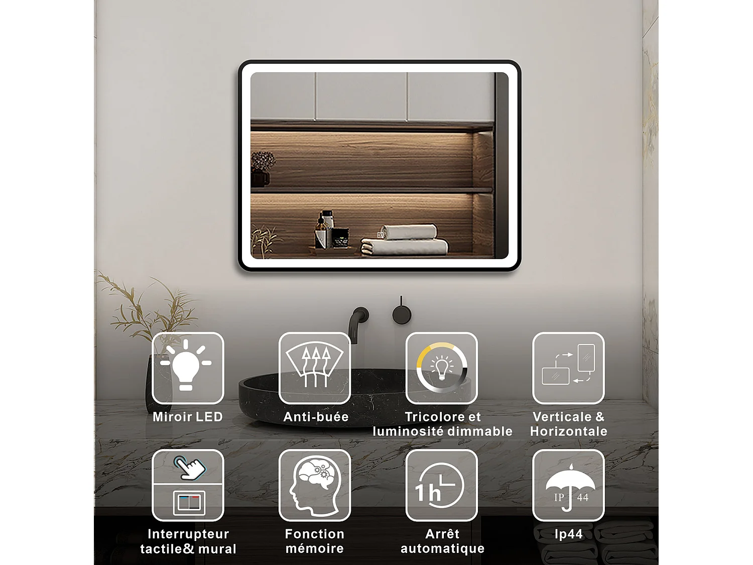 AICA Miroir lumineux 70x50 cm avec 3 couleurs + dimmable + anti-buée + mémoire, miroir salle de bain led