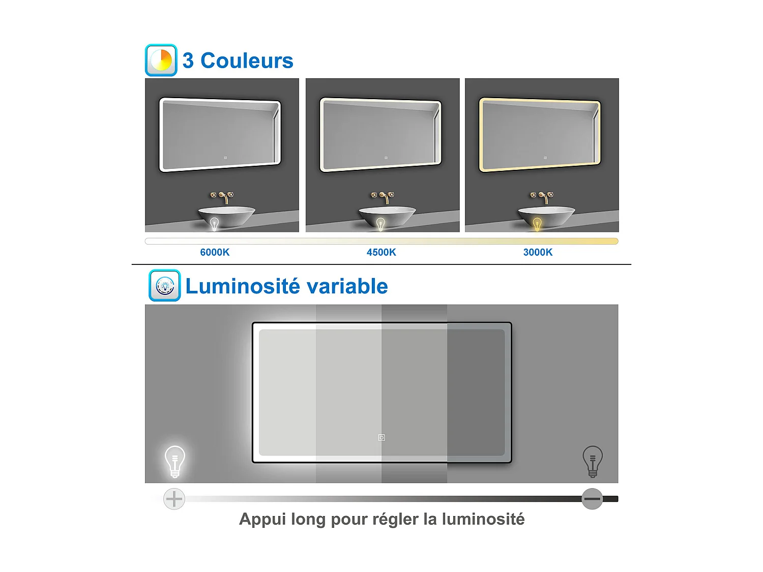 AICA Miroir lumineux 80x60 cm avec 3 couleurs + dimmable + anti-buée + mémoire, miroir salle de bain led