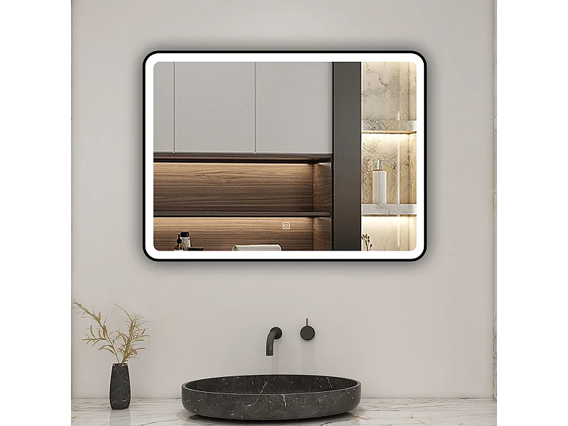AICA Miroir lumineux 80x60 cm avec 3 couleurs + dimmable + anti-buée + mémoire, miroir salle de bain led