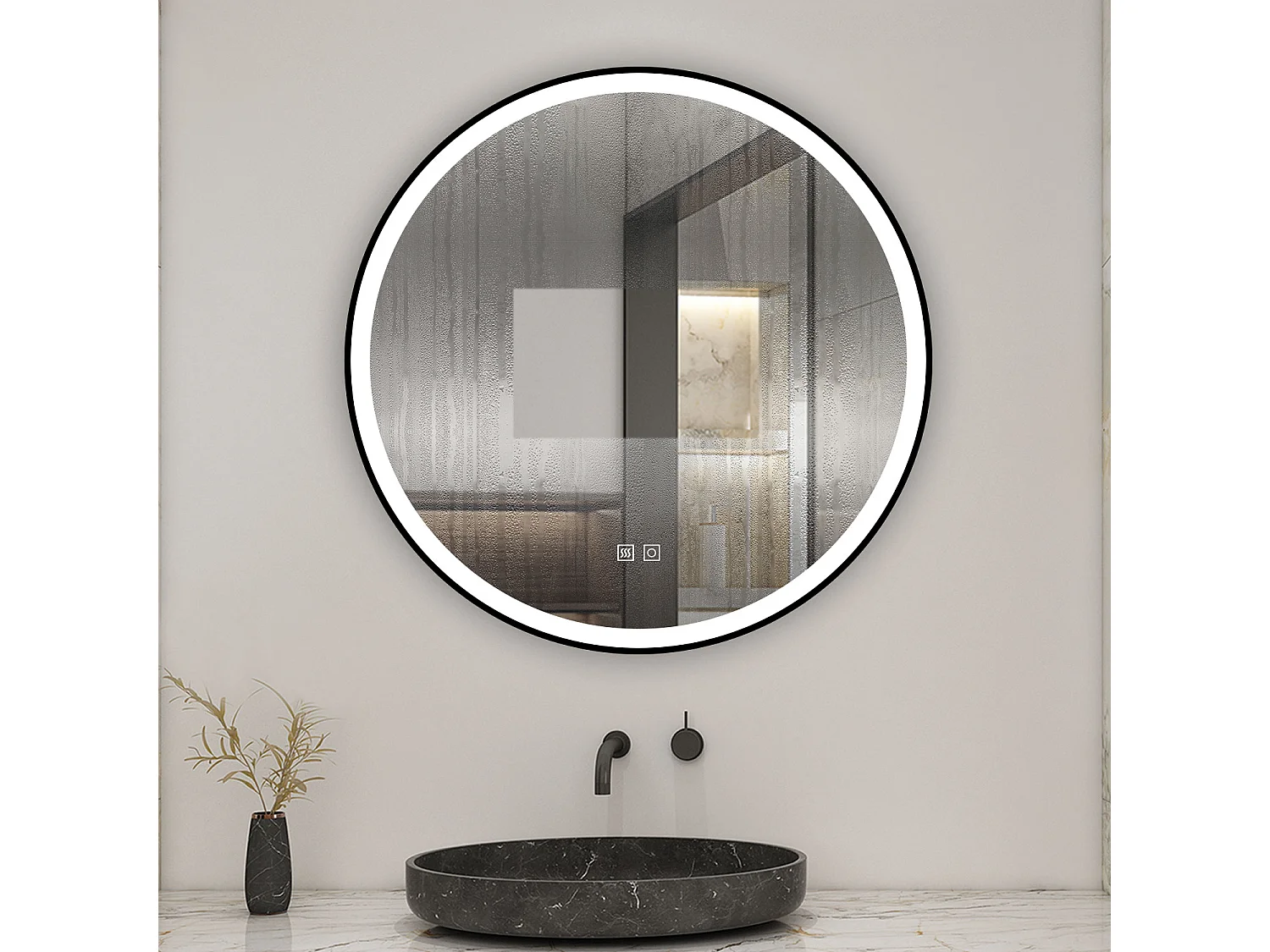 AICA Miroir lumineux rond 60x60 cm avec 3 couleurs + dimmable + anti-buée + mémoire, miroir salle de bain led