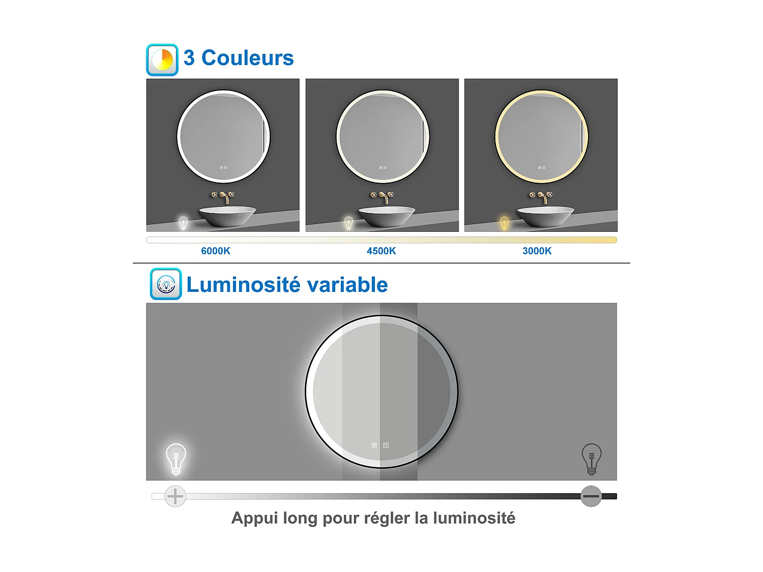 AICA Miroir lumineux rond 60x60 cm avec 3 couleurs + dimmable + anti-buée + mémoire, miroir salle de bain led