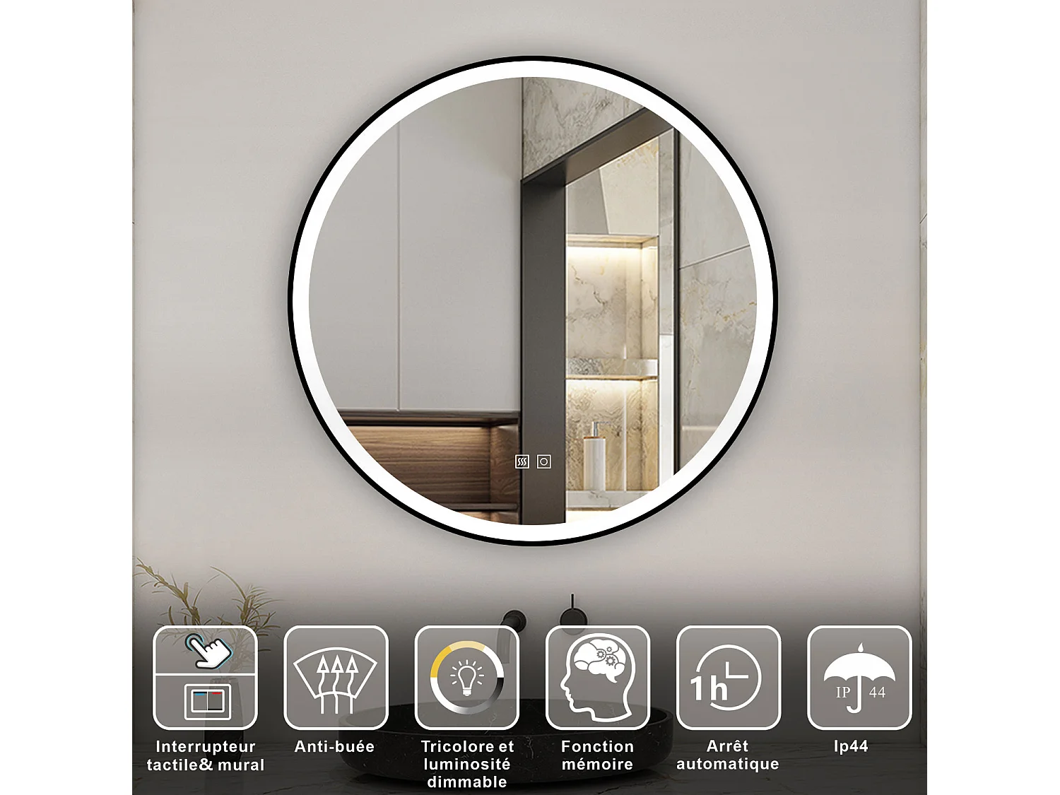 AICA Miroir lumineux rond 80x80 cm avec 3 couleurs + dimmable + anti-buée + mémoire, miroir salle de bain led