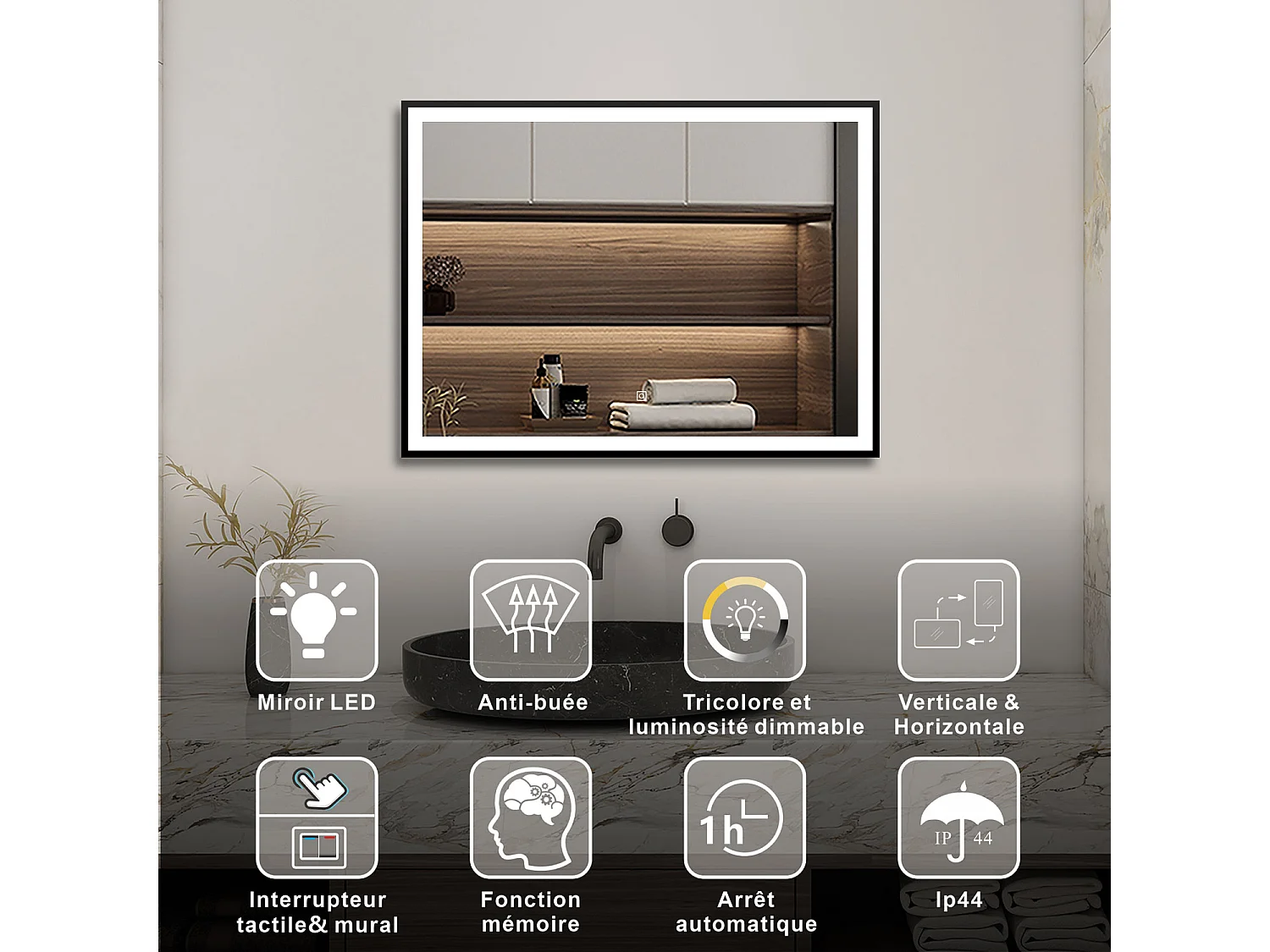 AICA Miroir lumineux 80x60 cm avec 3 couleurs + dimmable + anti-buée + mémoire, miroir salle de bain