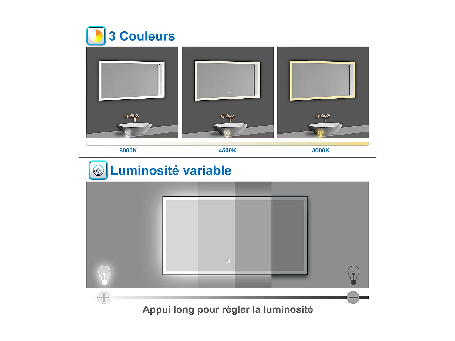 AICA Miroir lumineux 80x60 cm avec 3 couleurs + dimmable + anti-buée + mémoire, miroir salle de bain