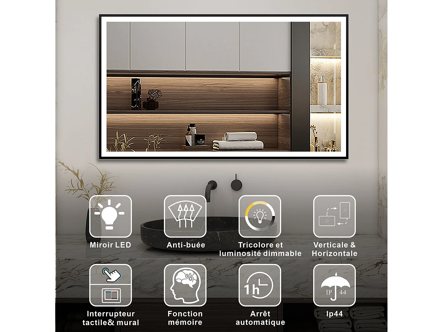 AICA Miroir lumineux 120x70 cm avec 3 couleurs + dimmable + anti-buée + mémoire, miroir salle de bain