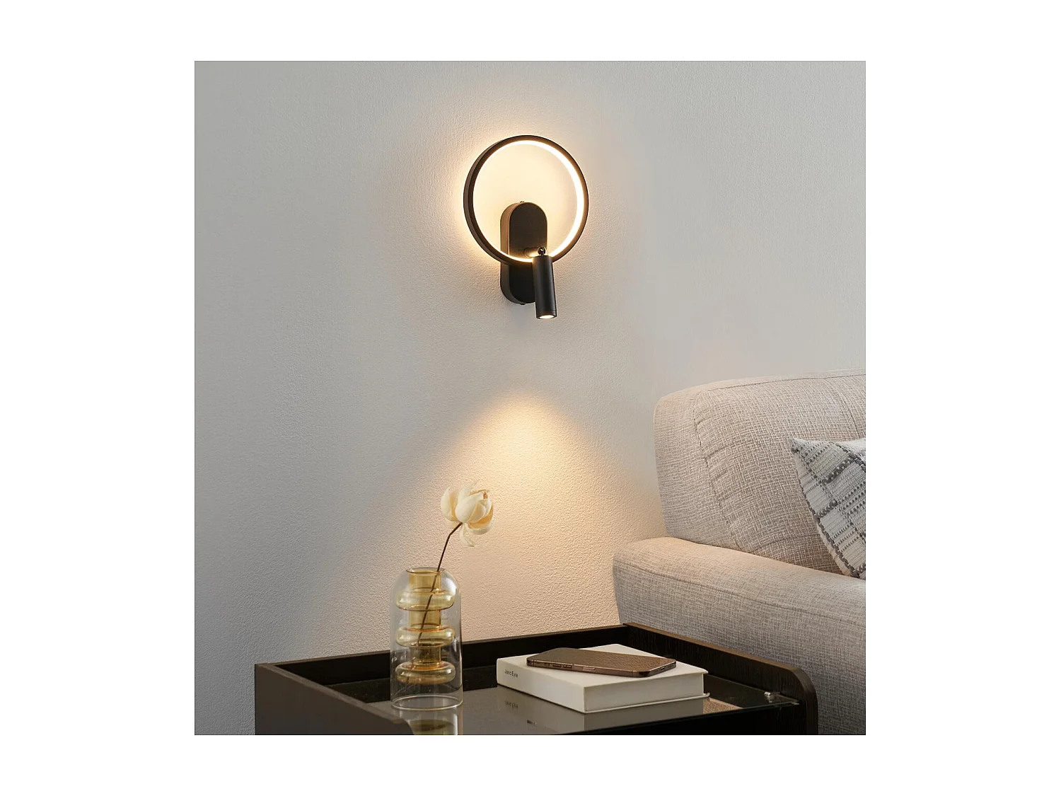 Applique noire double lumière avec liseuse centrée - Lona