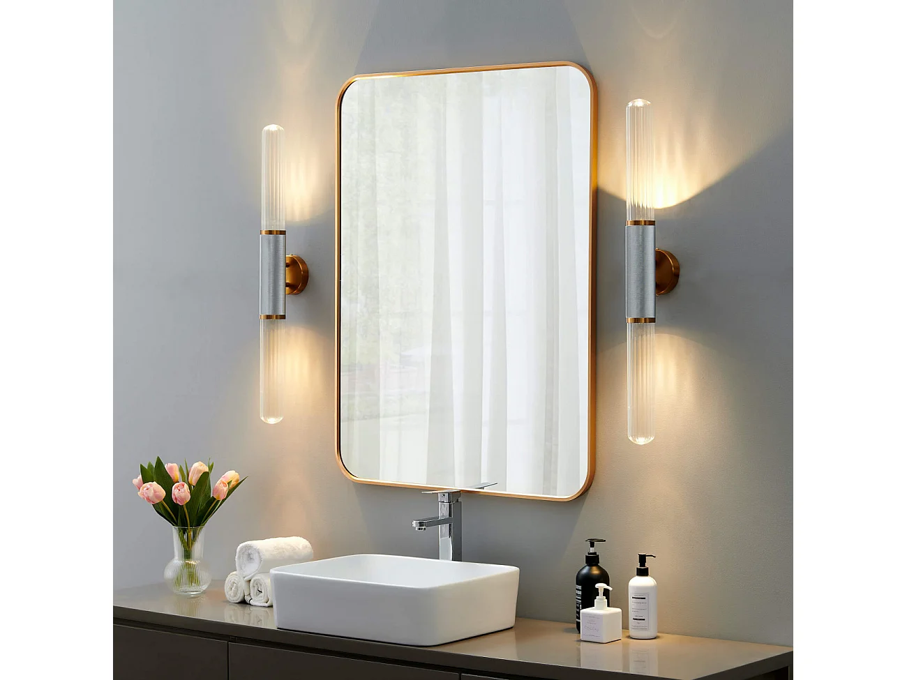 Applique longiligne argent et or double éclairage - Hita