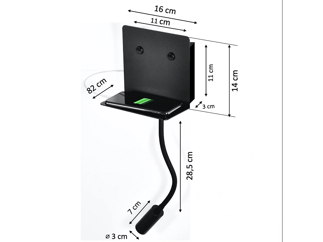 Applique noire à LED avec chargeur USB et lampe de lecture - Viola