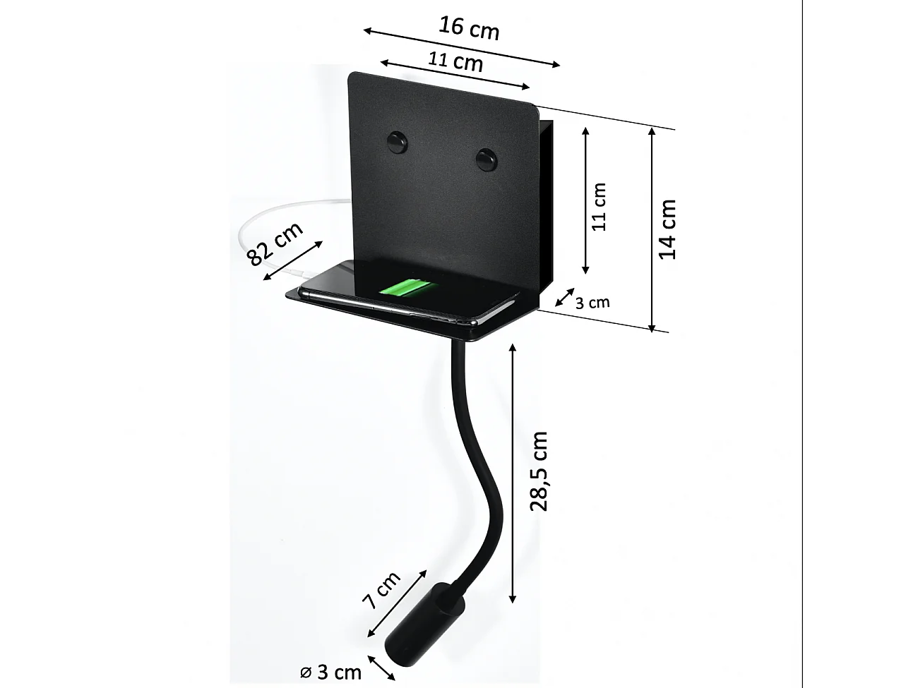 Applique noire à LED avec chargeur USB et lampe de lecture - Viola