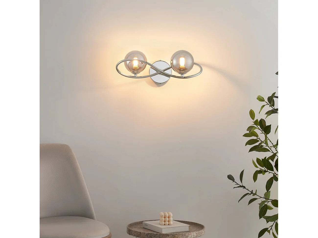 Applique murale chromée design double verre fumé - Novale