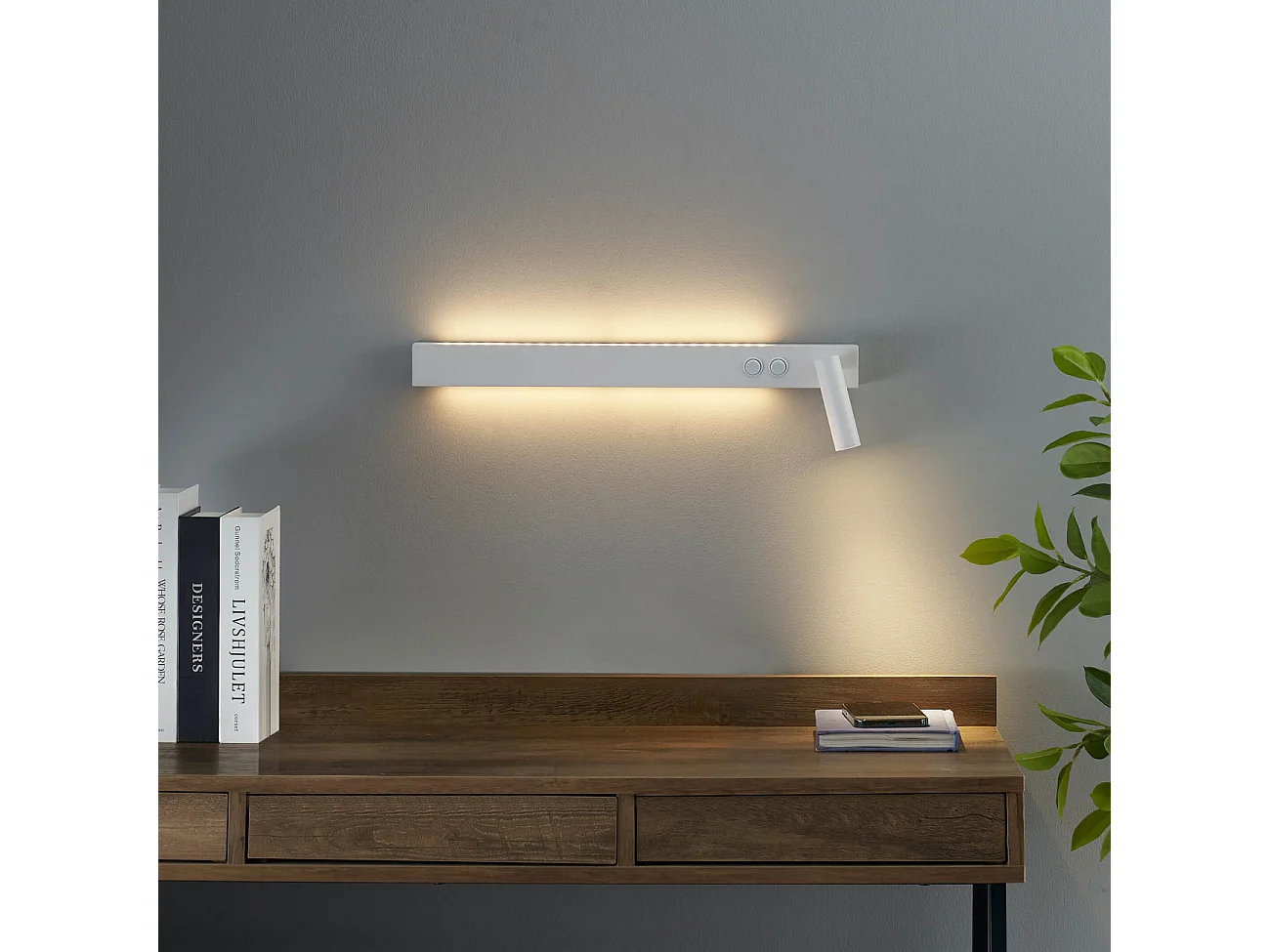 Longue applique murale blanche avec liseuse - Stanli