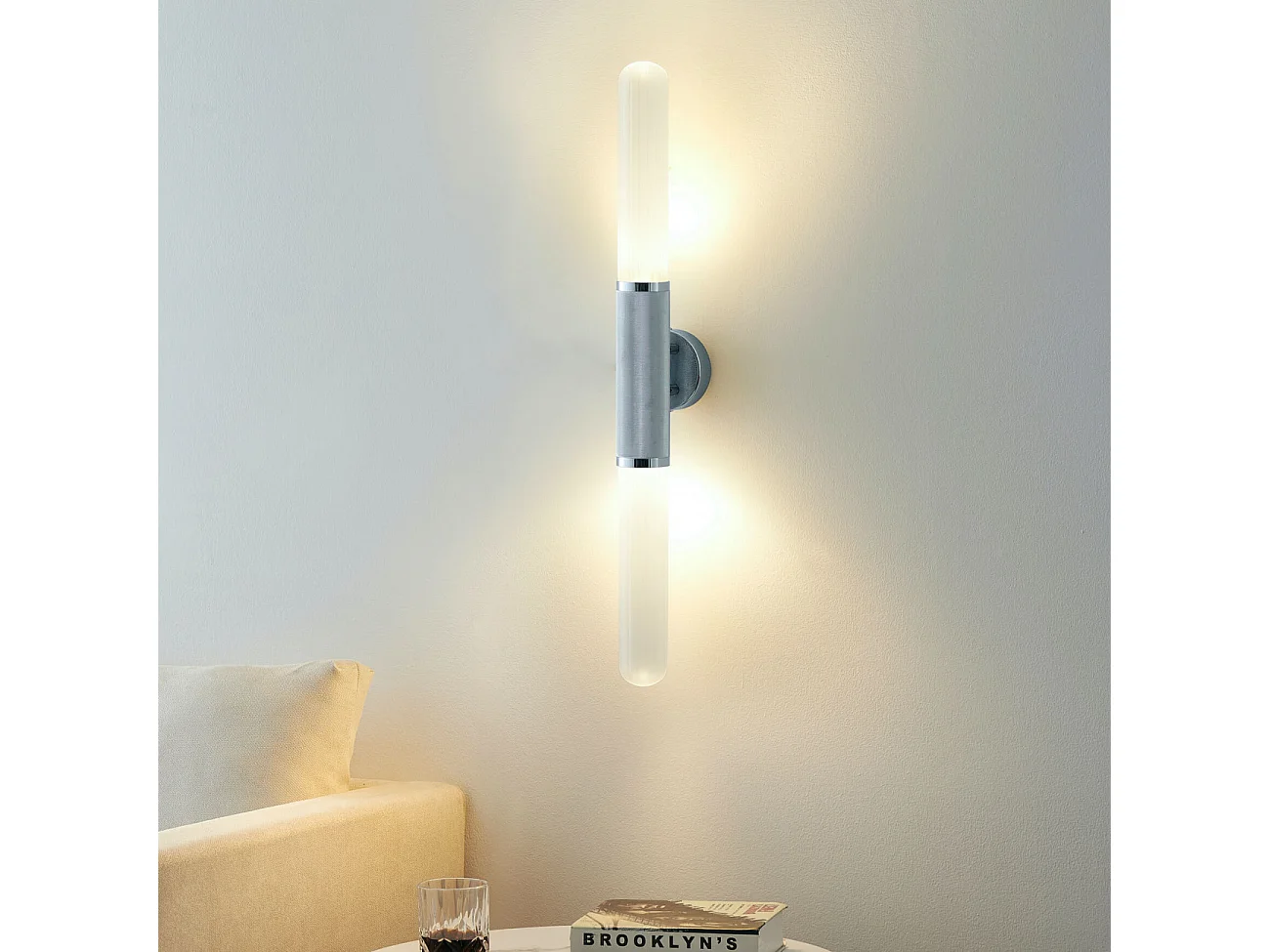 Applique tendance argent double éclairage métal et verre - Hita