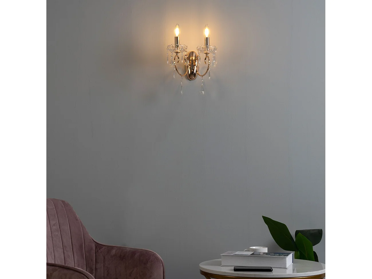 Applique 2 bras cristal baroque pampilles or rose - Pavia