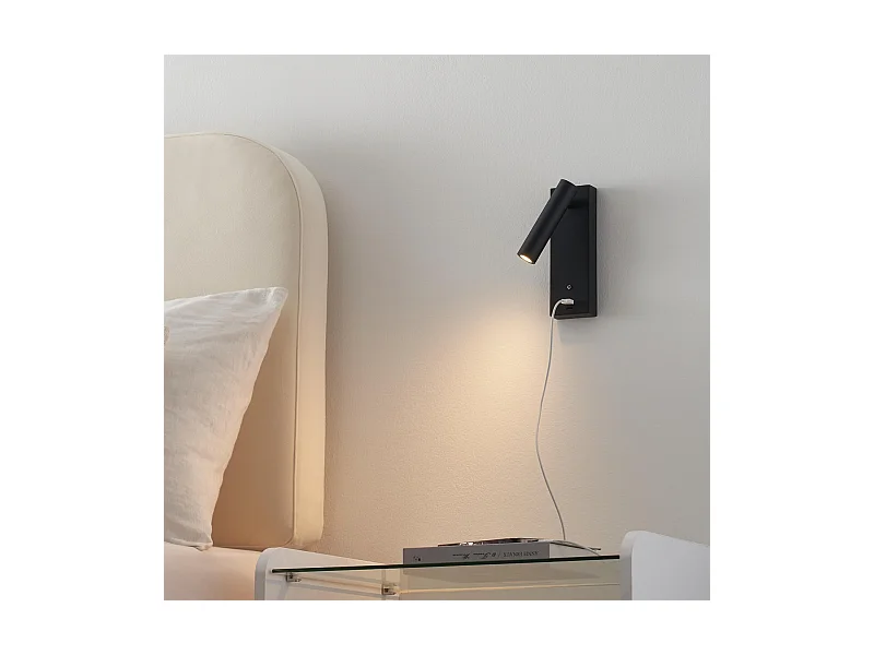 Applique LED liseuse noire avec port USB dimmable - Tofino