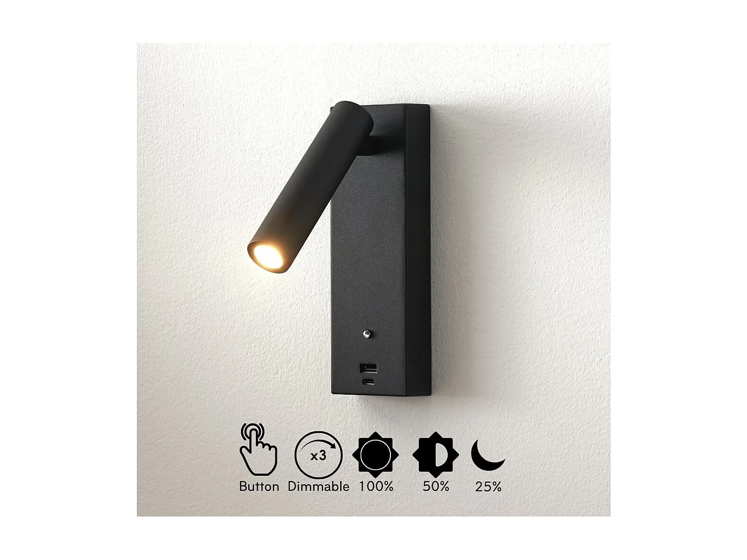 Applique LED liseuse noire avec port USB dimmable - Tofino